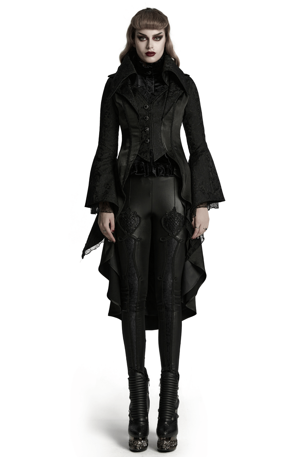 Chic High-low Tailcoat with Jacquard Lace and Buttons