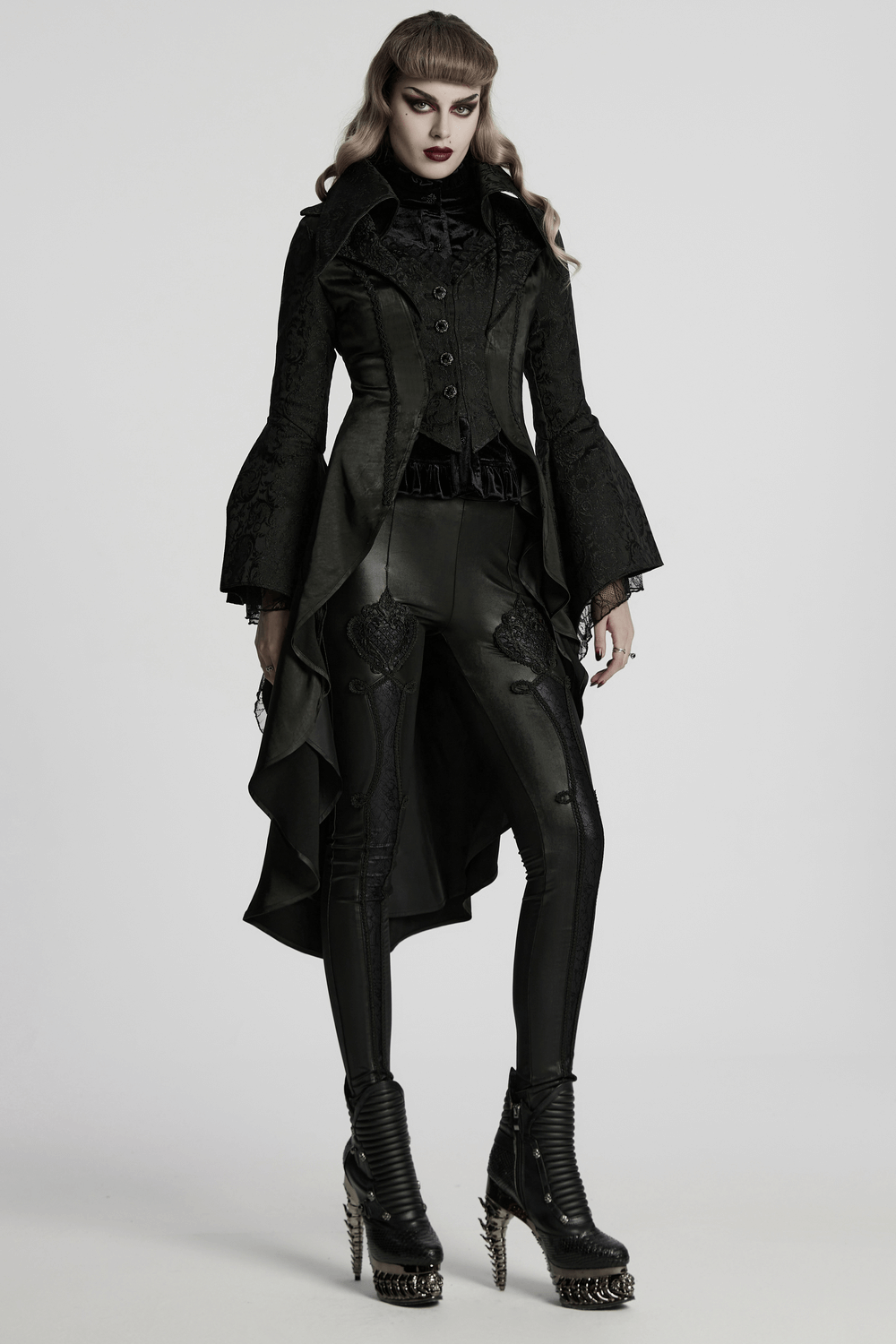 Chic High-low Tailcoat with Jacquard Lace and Buttons