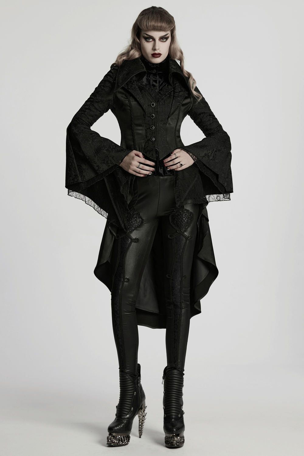 Chic High-low Tailcoat with Jacquard Lace and Buttons