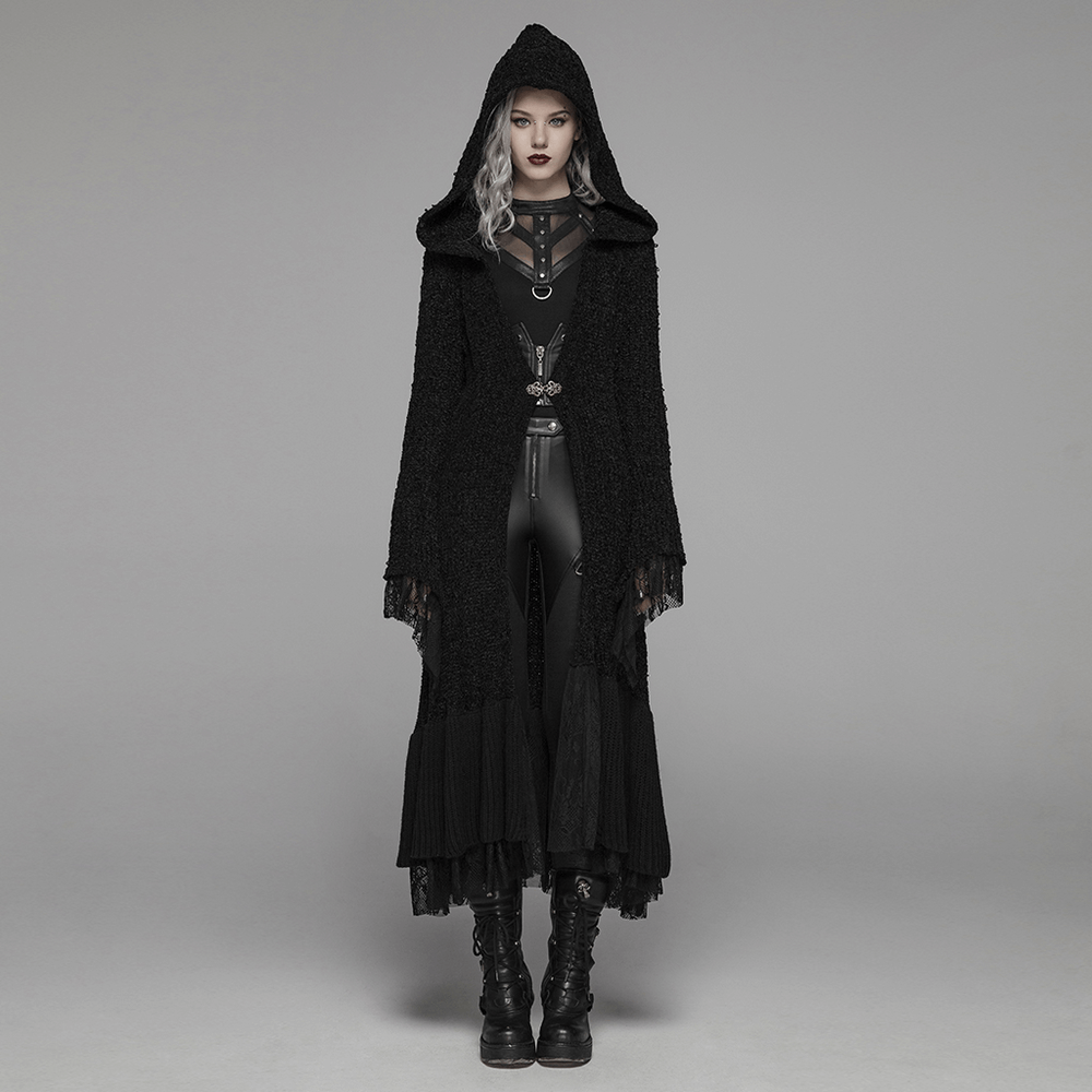 Chic Hooded Gothic Lace Trim Woolen Cloak Coat