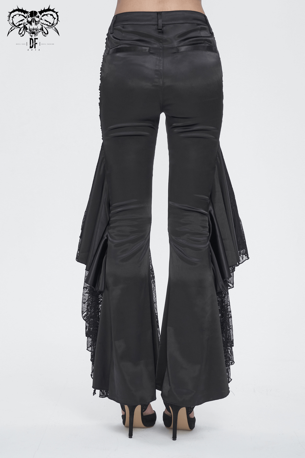Chic Lace-Paneled Ruffle Flared Pants for Evenings