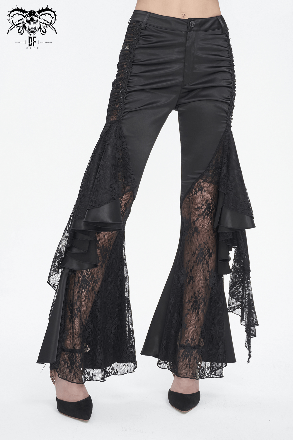 Chic Lace-Paneled Ruffle Flared Pants for Evenings