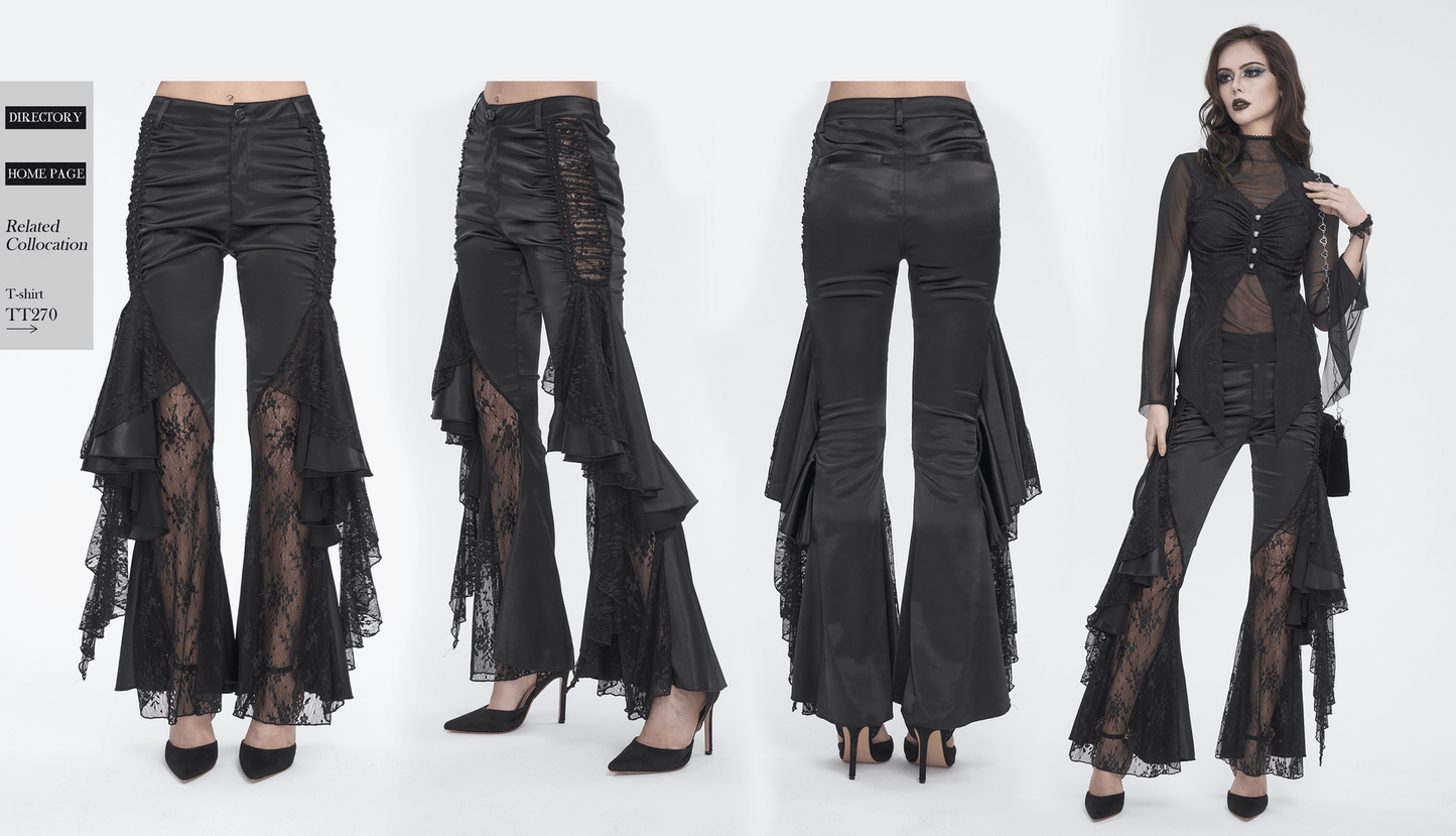 Chic Lace-Paneled Ruffle Flared Pants for Evenings