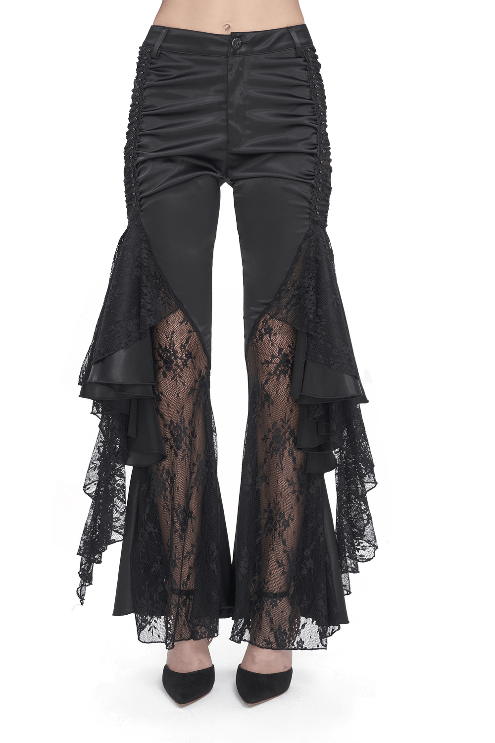 Chic Lace-Paneled Ruffle Flared Pants for Evenings