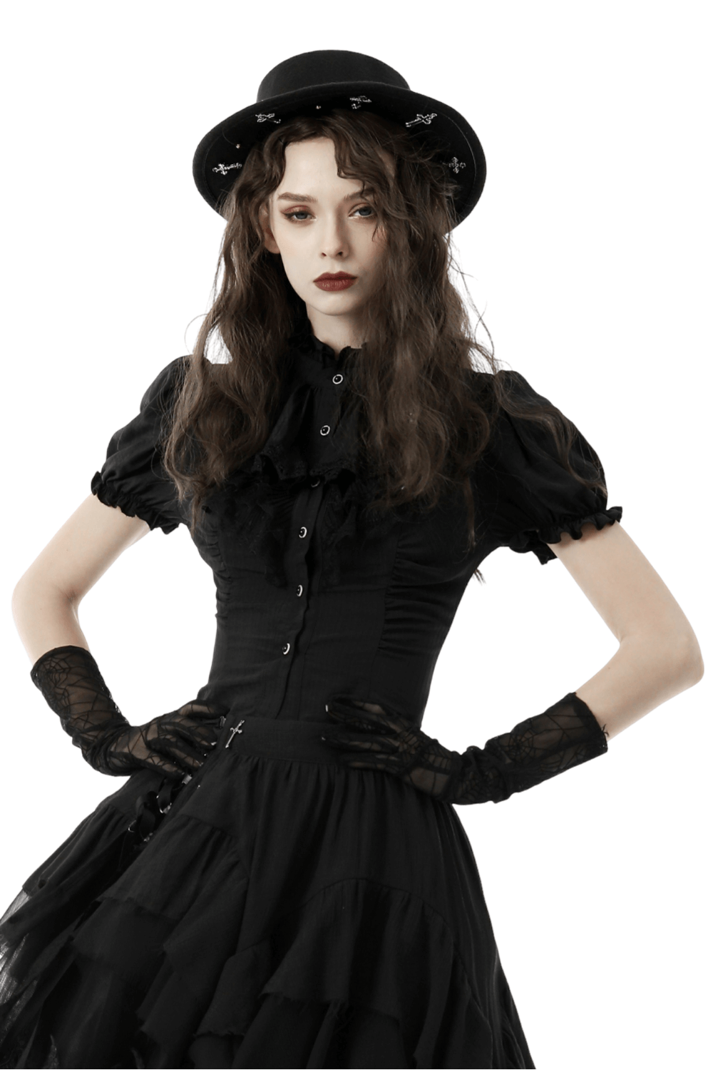 Chic Lace-Trimmed Gothic Blouse With Puff Sleeves