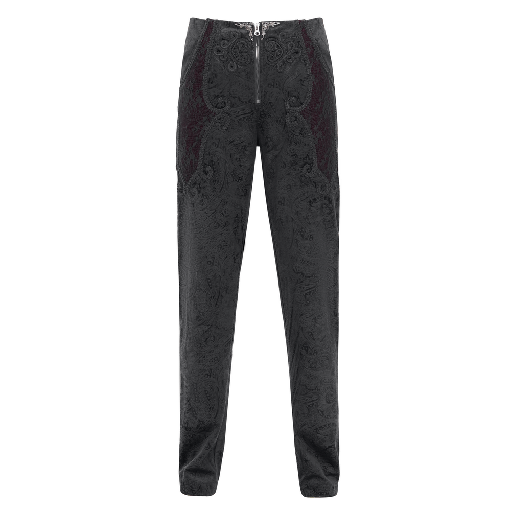 Chic Men's Black Jacquard Pants with Lace Accents