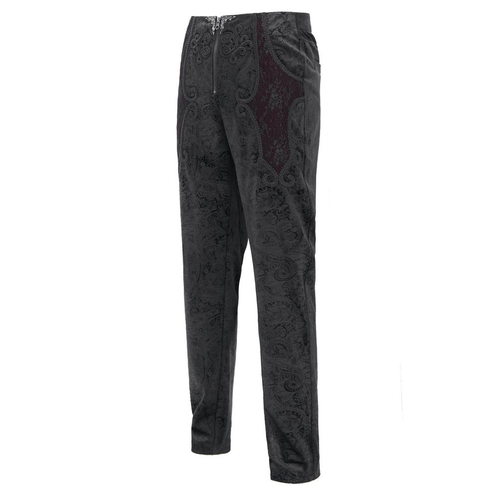 Chic Men's Black Jacquard Pants with Lace Accents