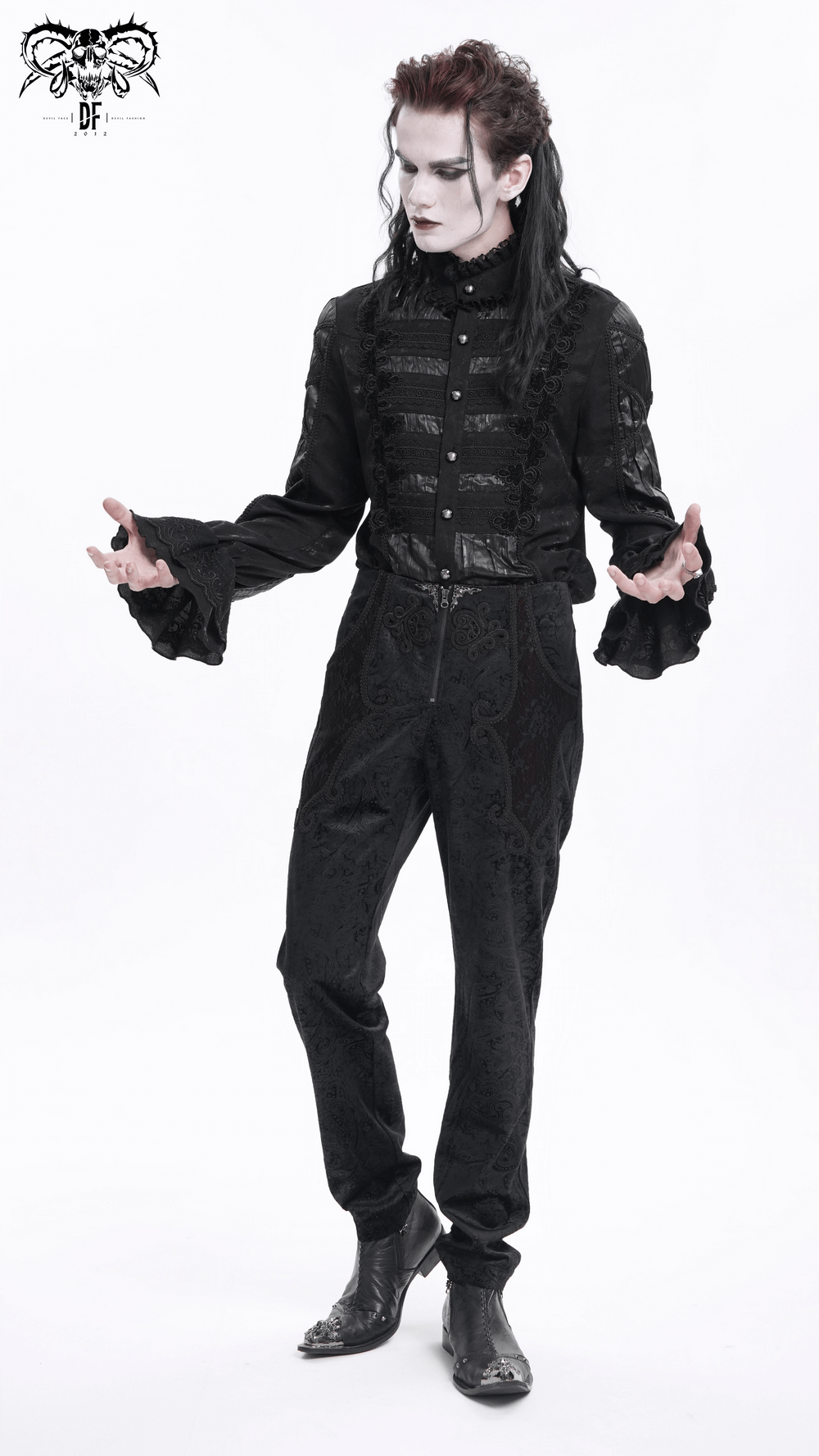 Chic Men's Black Jacquard Pants with Lace Accents