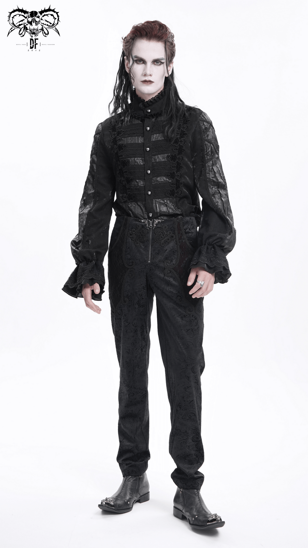 Chic Men's Black Jacquard Pants with Lace Accents