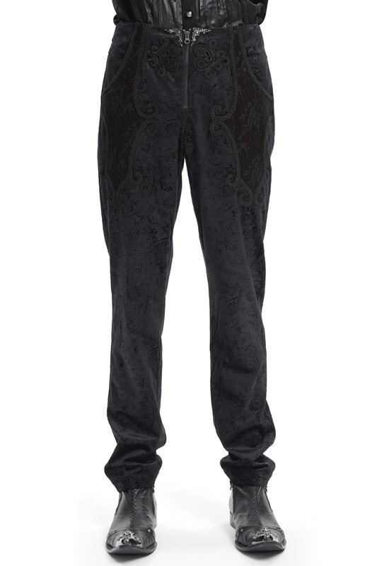 Chic Men's Black Jacquard Pants with Lace Accents