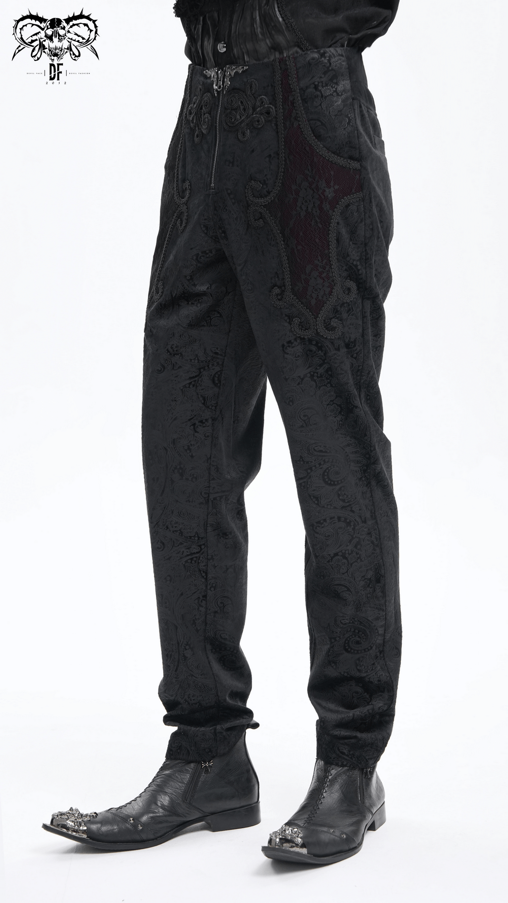 Chic Men's Black Jacquard Pants with Lace Accents