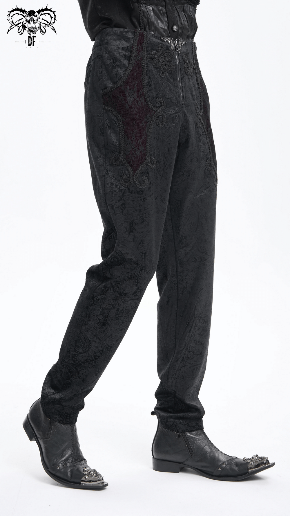 Chic Men's Black Jacquard Pants with Lace Accents