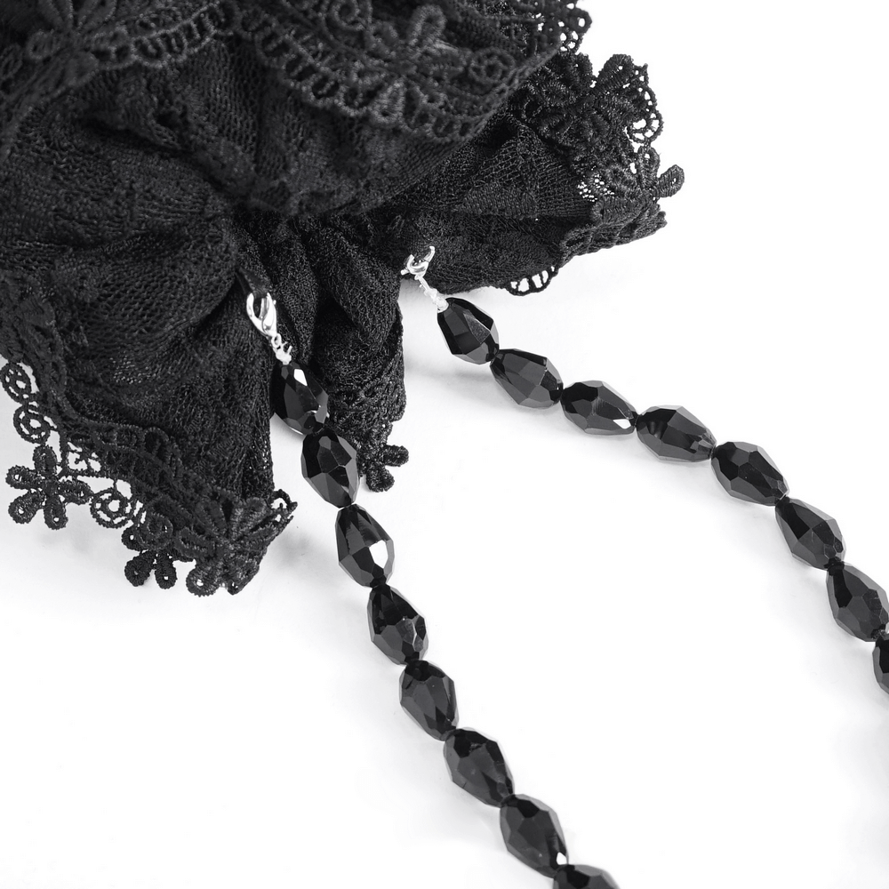 Chic Noir Bead-Chain Black Bag with Lace Detail