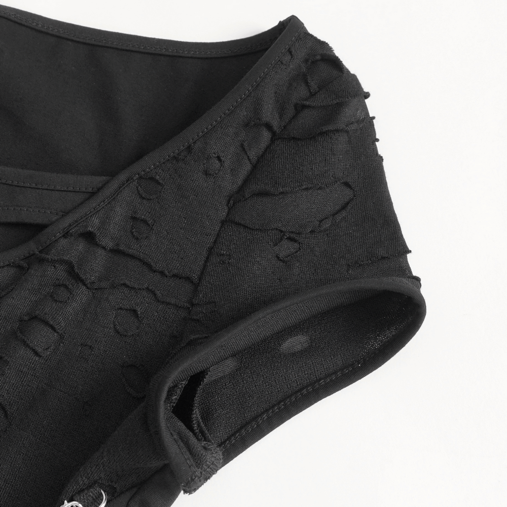 Chic Ripped Black T-Shirt with Elegant Chain Accent