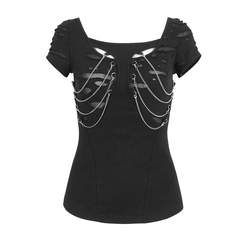 Chic Ripped Black T-Shirt with Elegant Chain Accent