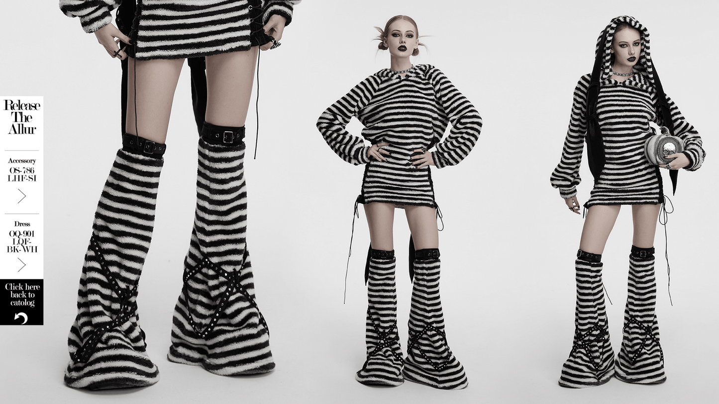 Chic Striped Plush Leg Warmers with Cross Straps
