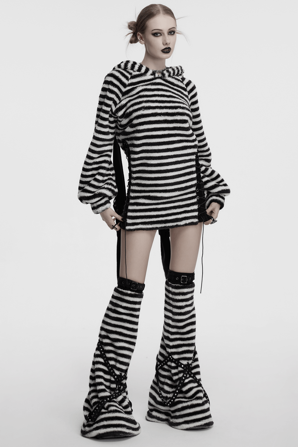 Chic Striped Plush Leg Warmers with Cross Straps