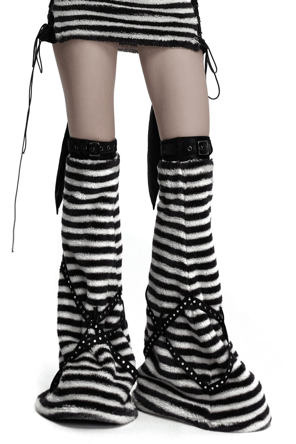 Chic Striped Plush Leg Warmers with Cross Straps