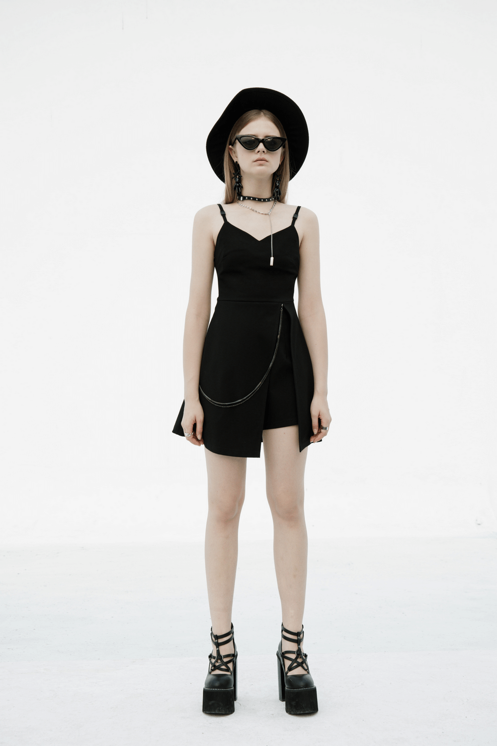 Chic V-Neck Dress with Detachable Chain Accent