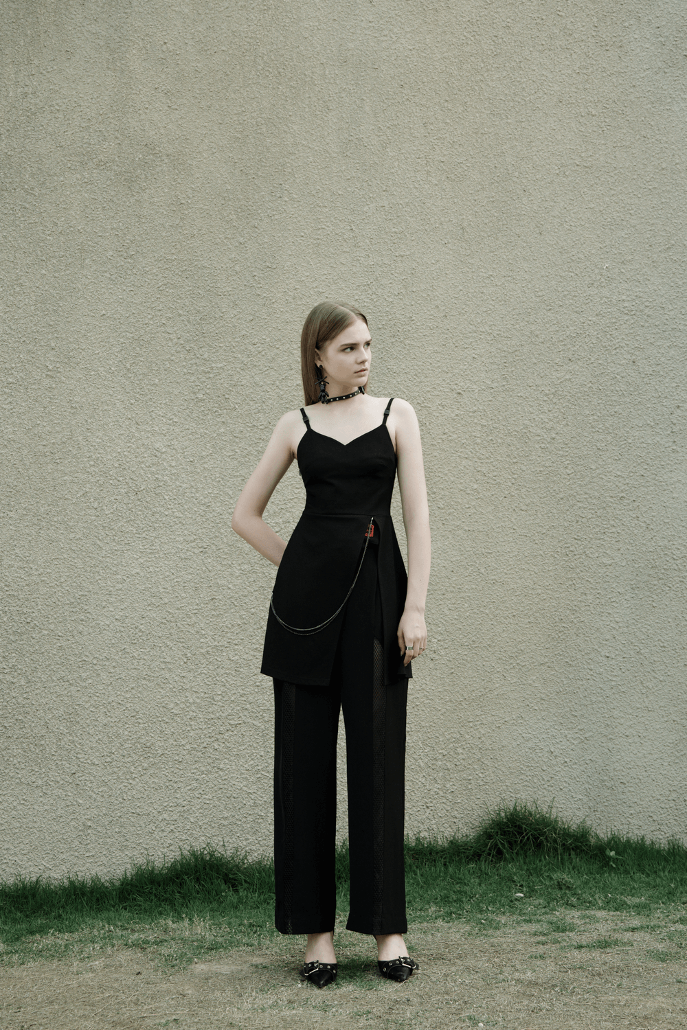 Chic V-Neck Dress with Detachable Chain Accent