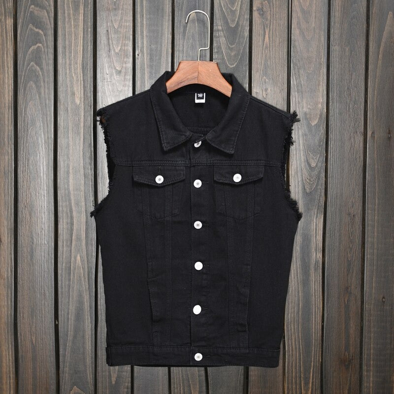 Classic Black Jeans Vest for Men in Rock Style / Slim Fringe Denim Waistcoat Sleeveless Top