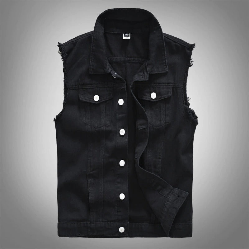 Classic Black Jeans Vest for Men in Rock Style / Slim Fringe Denim Waistcoat Sleeveless Top