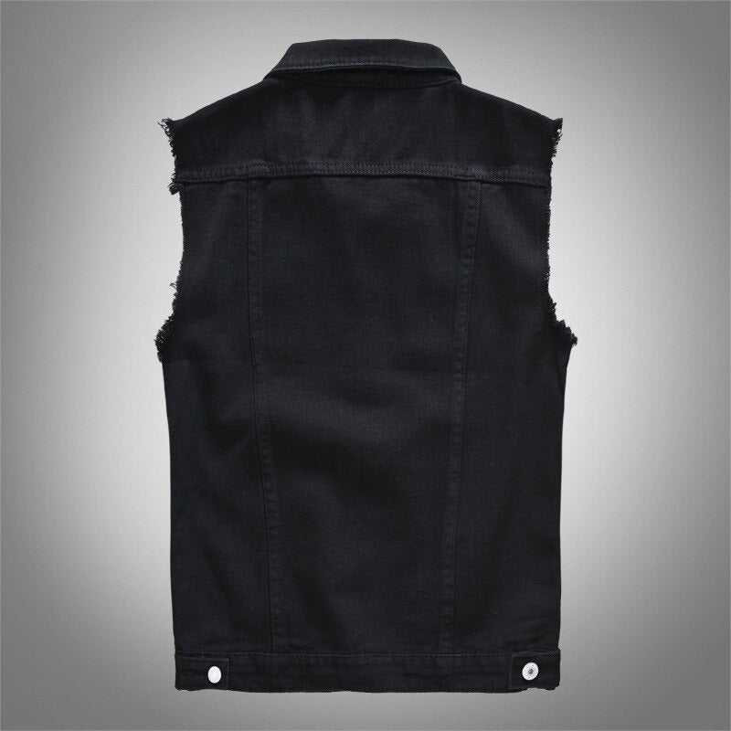 Classic Black Jeans Vest for Men in Rock Style / Slim Fringe Denim Waistcoat Sleeveless Top