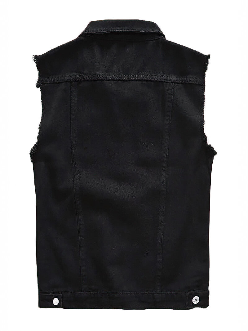 Classic Black Jeans Vest for Men in Rock Style / Slim Fringe Denim Waistcoat Sleeveless Top