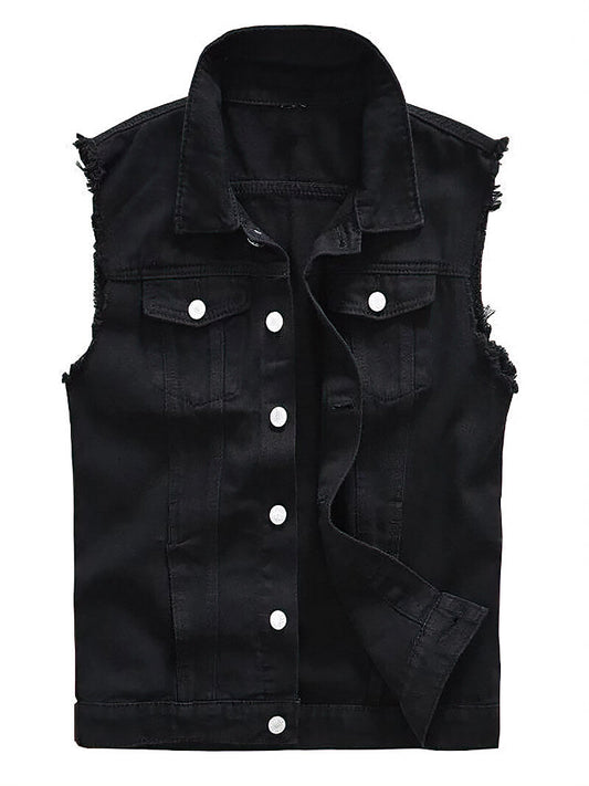 Classic Black Jeans Vest for Men in Rock Style / Slim Fringe Denim Waistcoat Sleeveless Top