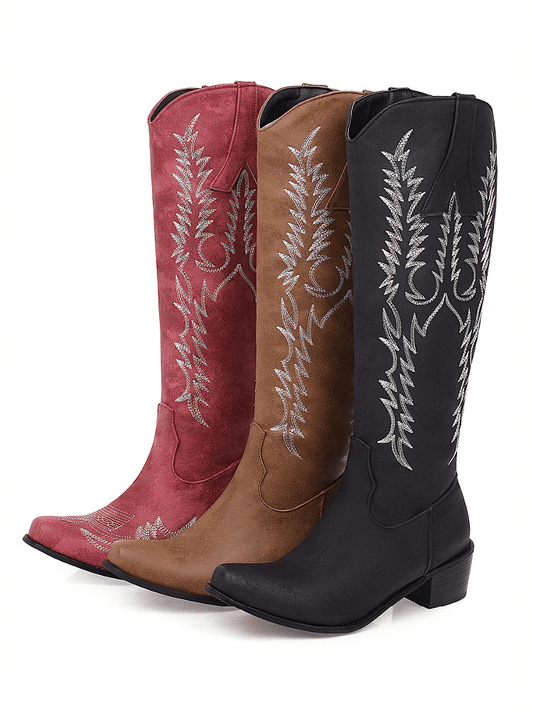 Classic Knee-High Boots With Mid Heels / Cowboy Style Women's Embroidered Shoes In Three Colors