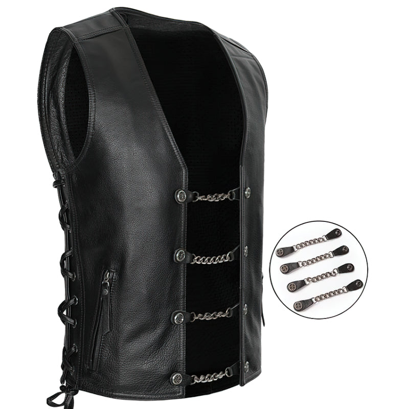 Collarless Men's Genuine Leather Vest With Chains / Black Biker Rock Vest With Laced-Up Side