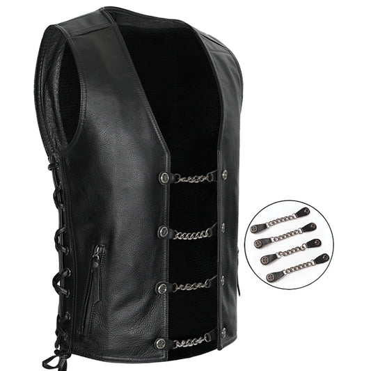 Collarless Men's Genuine Leather Vest With Chains / Black Biker Rock Vest With Laced-Up Side