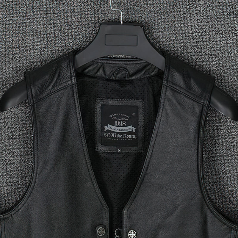 Collarless Men's Genuine Leather Vest With Chains / Black Biker Rock Vest With Laced-Up Side