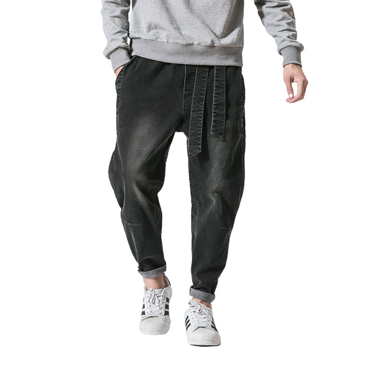 Cool Loose Jeans for Men / Retro Joggers Pants with Ribbons / Casual Denim Trousers