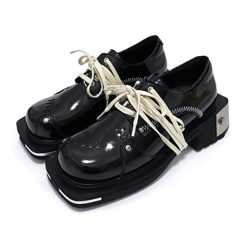 Cool Men's Thick-soled Genuine Leather Shoes / Metal Punk Style Shoes with White Lace-up