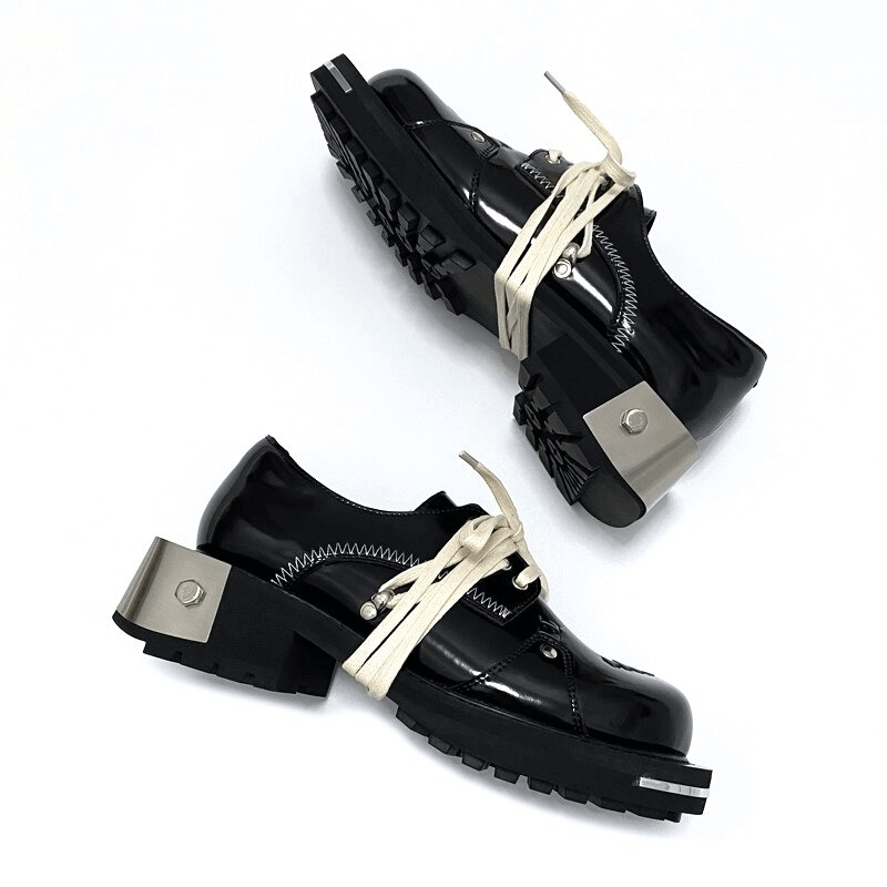 Cool Men's Thick-soled Genuine Leather Shoes / Metal Punk Style Shoes with White Lace-up