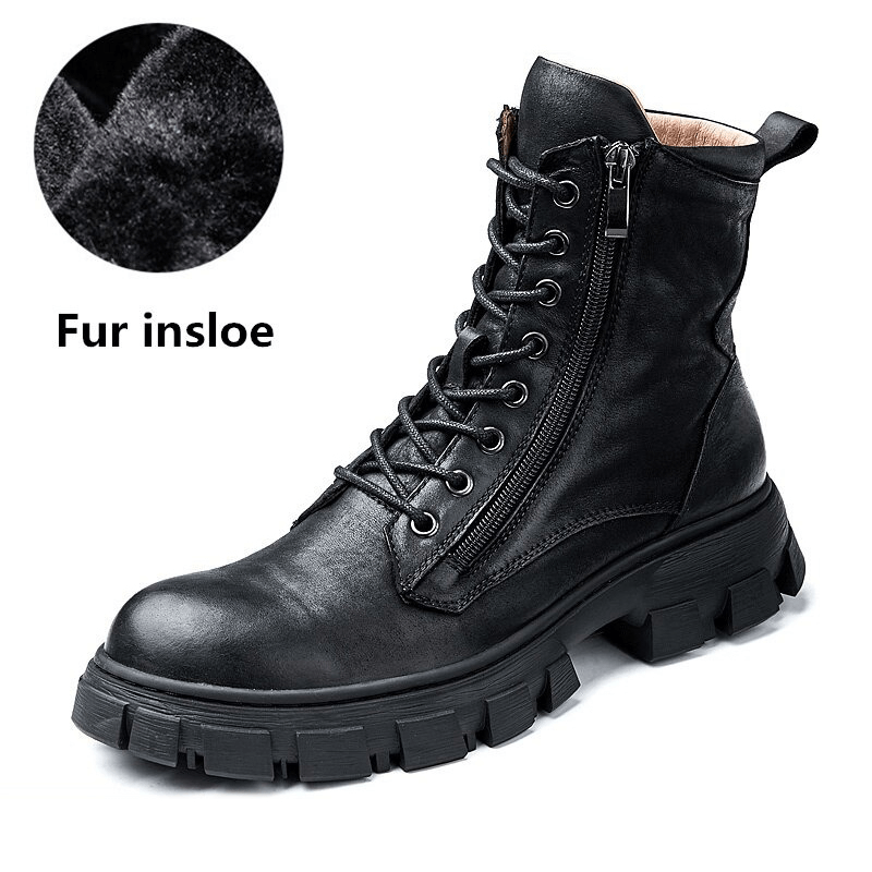 Men's Warm Fur Linning Mid-calf Boots / Genuine Leather Retro Motorcycle Boots