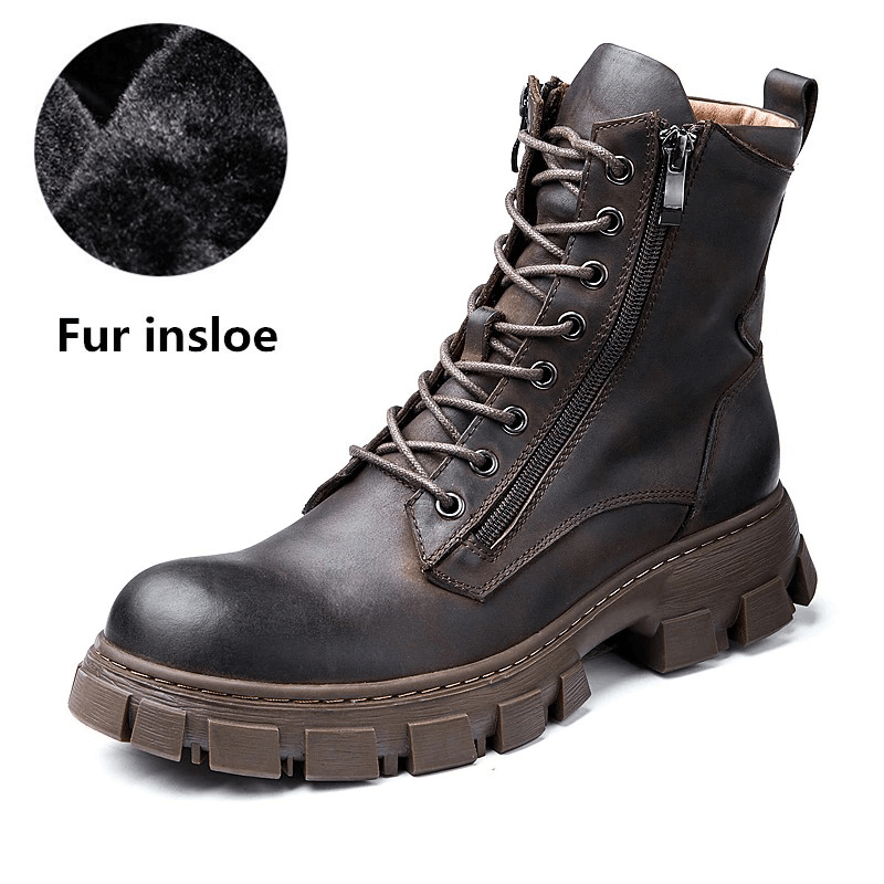 Men's Warm Fur Linning Mid-calf Boots / Genuine Leather Retro Motorcycle Boots