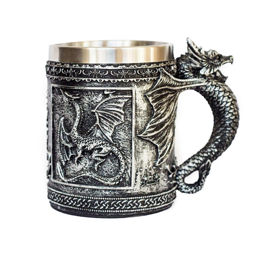 Cool Resin and Stainless Steel Beer 450ml Mug / Retro Viking Pub Bar Mug with Flying Dragon