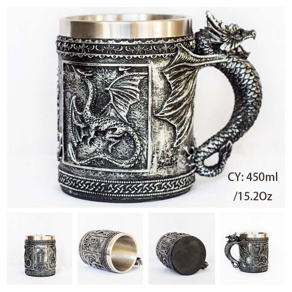 Cool Resin and Stainless Steel Beer 450ml Mug / Retro Viking Pub Bar Mug with Flying Dragon