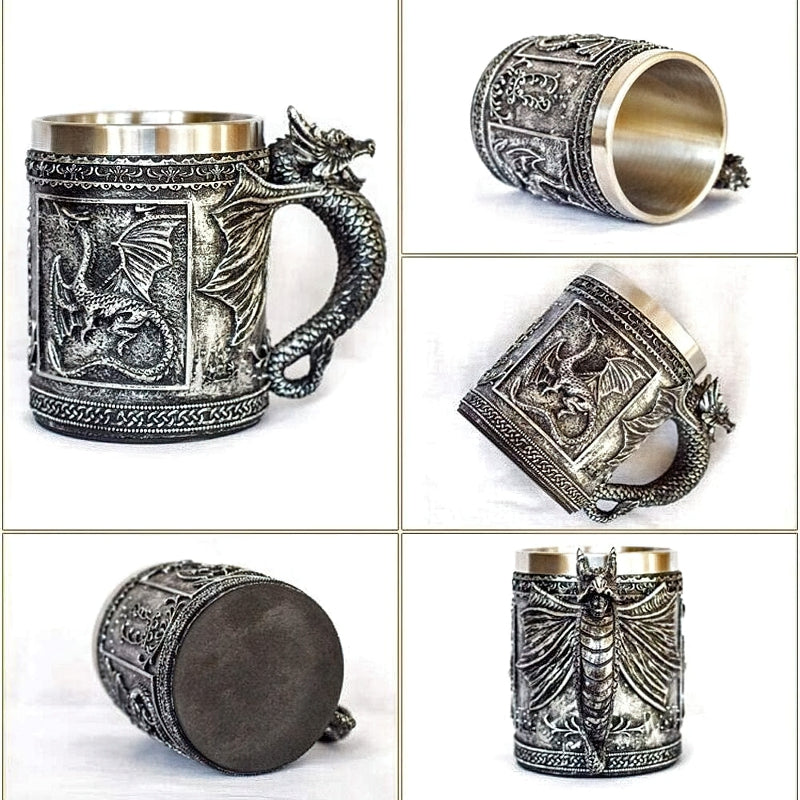 Cool Resin and Stainless Steel Beer 450ml Mug / Retro Viking Pub Bar Mug with Flying Dragon