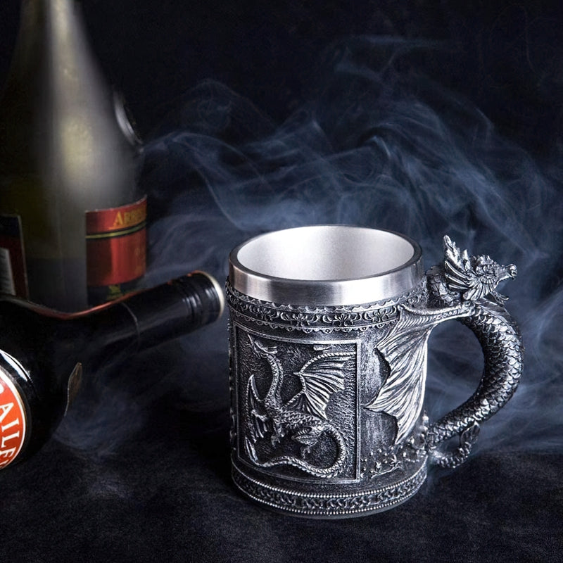 Cool Resin and Stainless Steel Beer 450ml Mug / Retro Viking Pub Bar Mug with Flying Dragon