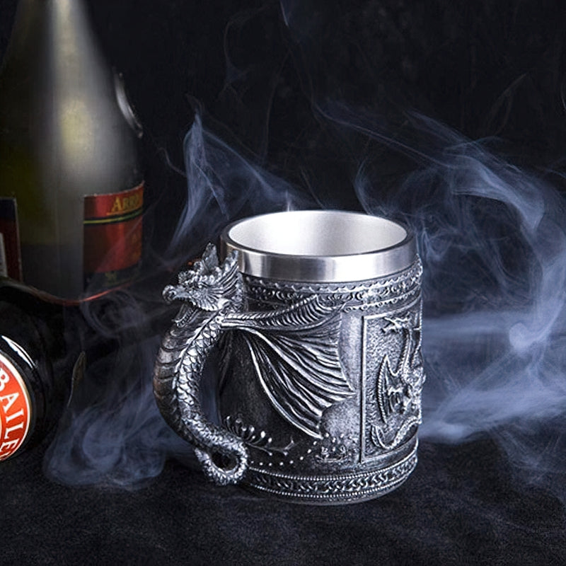 Cool Resin and Stainless Steel Beer 450ml Mug / Retro Viking Pub Bar Mug with Flying Dragon