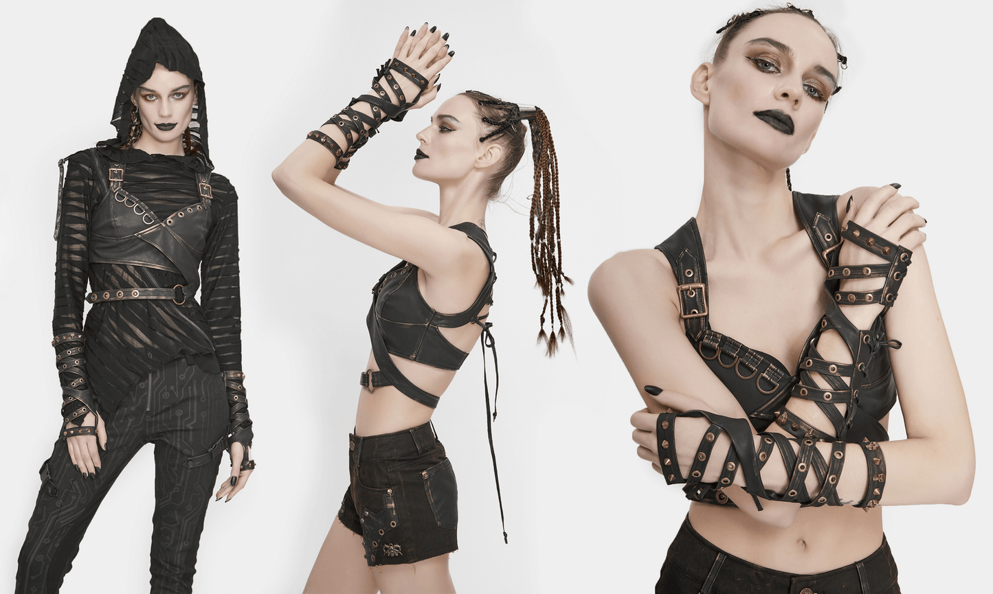 Cool Steampunk Cross Strap Long Gloves / Punk Hollow-out Fingerless Gloves for Women & Men