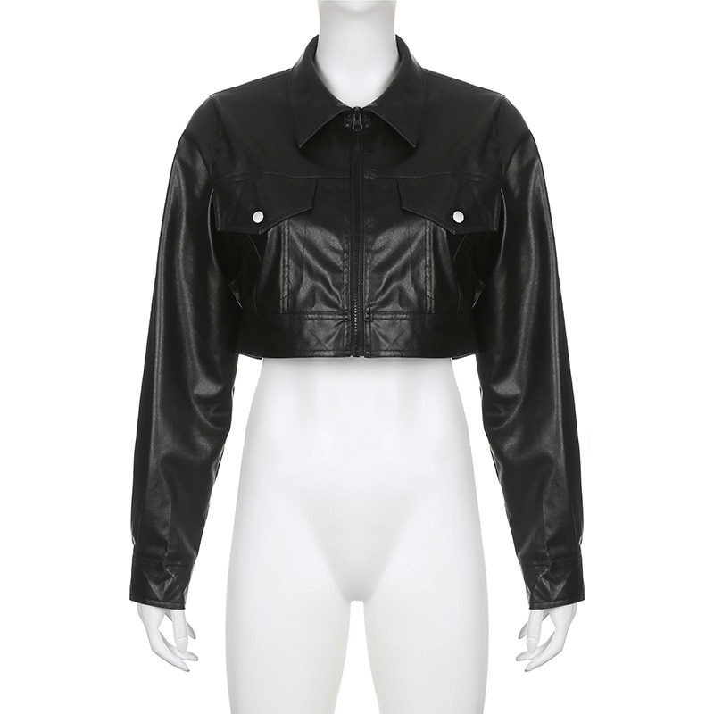 Cool Turn Down Collar PU Leather Cropped Jacket / Fashion Zipper Loose Female Jackets
