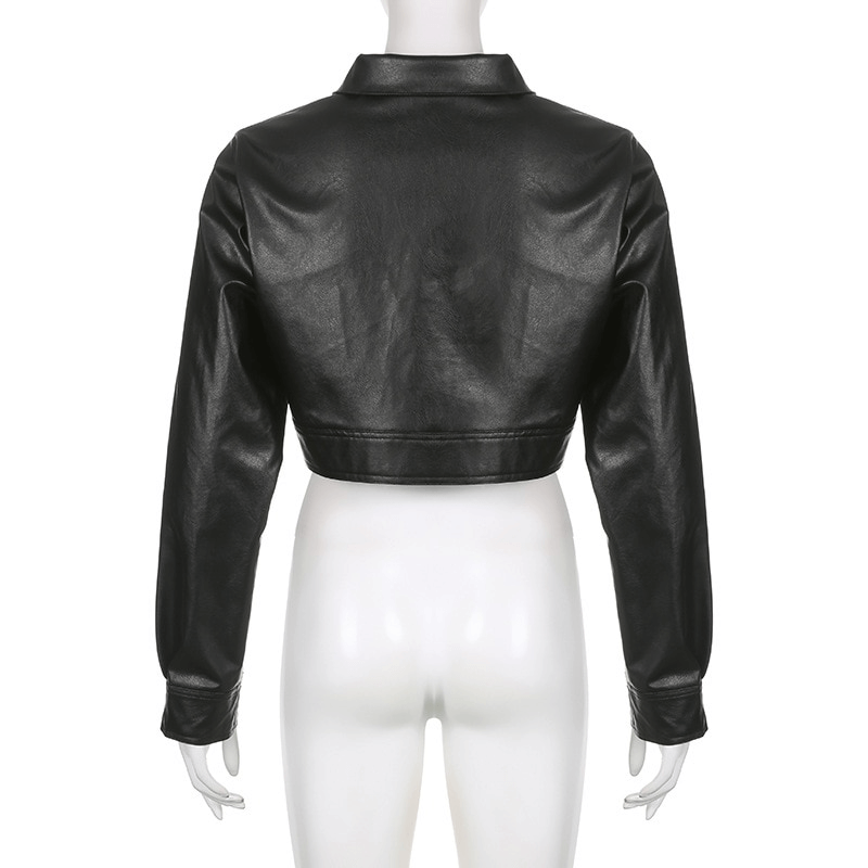 Cool Turn Down Collar PU Leather Cropped Jacket / Fashion Zipper Loose Female Jackets
