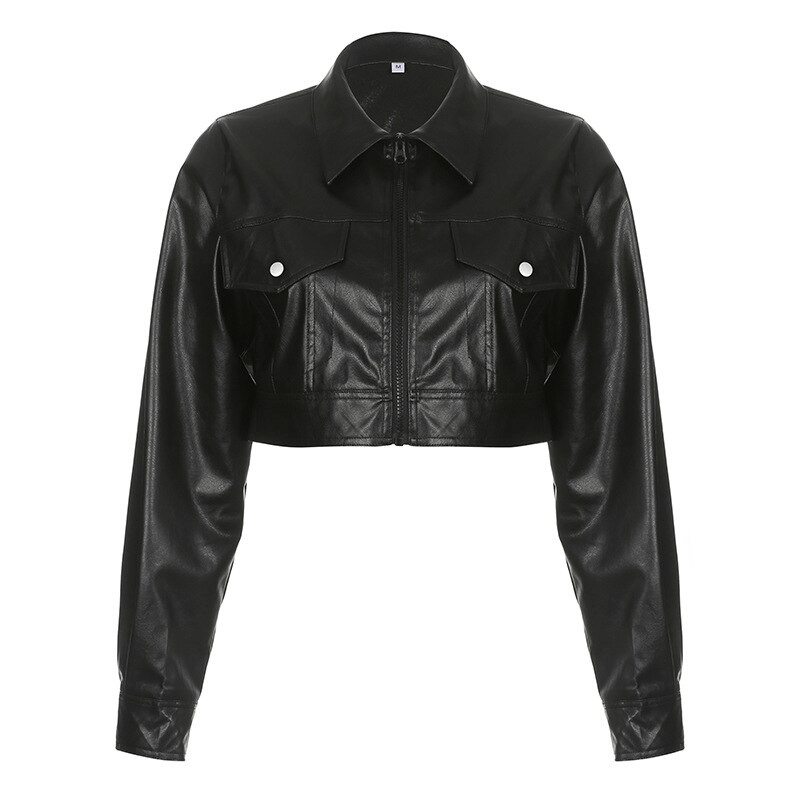 Cool Turn Down Collar PU Leather Cropped Jacket / Fashion Zipper Loose Female Jackets