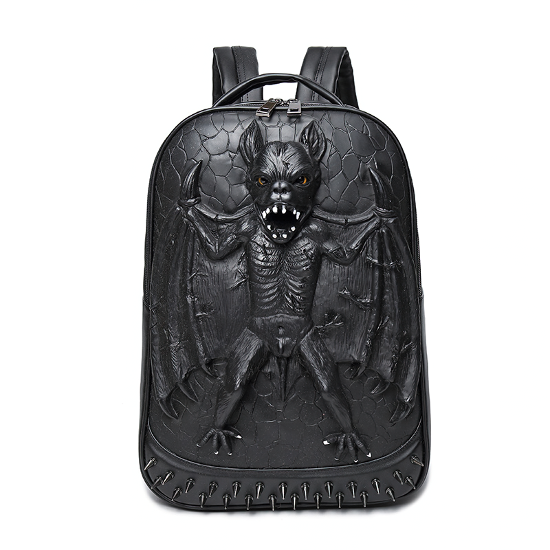 Cool Waterproof Backpack in Rock Style / Solid Zipper Rivet Shoulder Bags with Decorate Bat