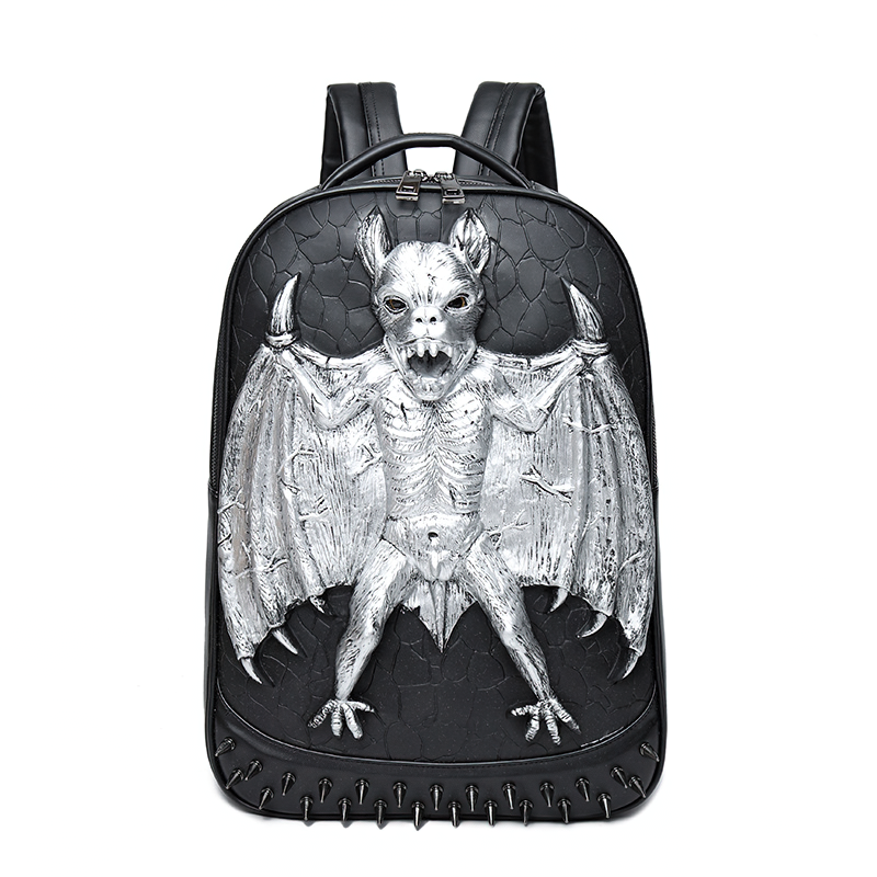 Cool Waterproof Backpack in Rock Style / Solid Zipper Rivet Shoulder Bags with Decorate Bat