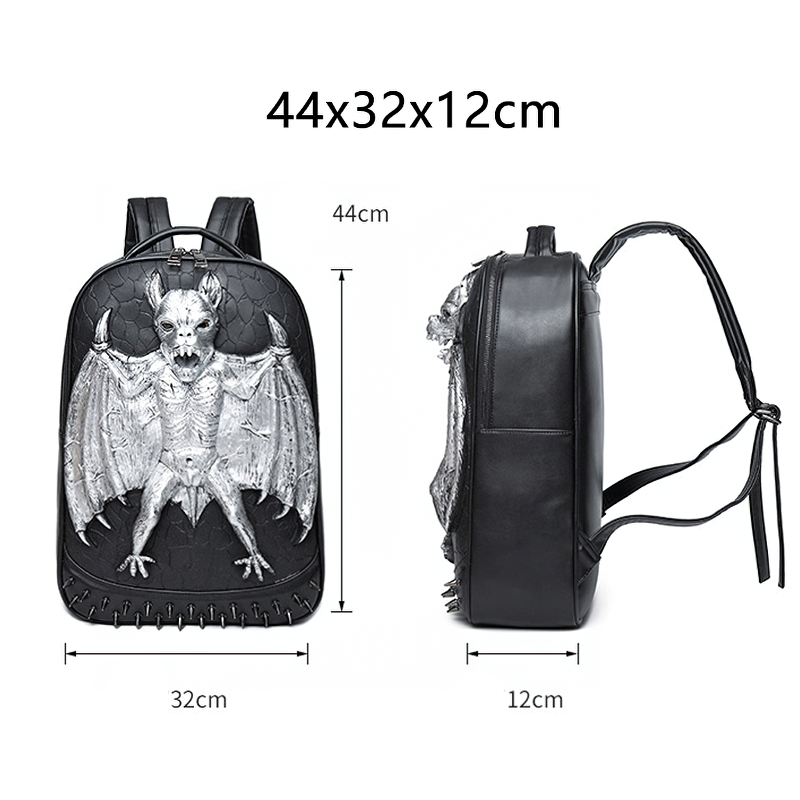 Cool Waterproof Backpack in Rock Style / Solid Zipper Rivet Shoulder Bags with Decorate Bat